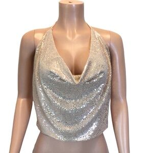 Fashion Nova Womens Gold Sequin Drape Cowl Neck Halter Cami Top Size 1X
